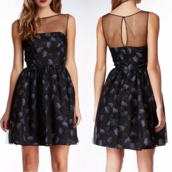 Jill Stuart Dresses & Skirts - Jill Stuart Silk Floral Cocktail Dress Illusion Dark Romantic Blue Black Size 4